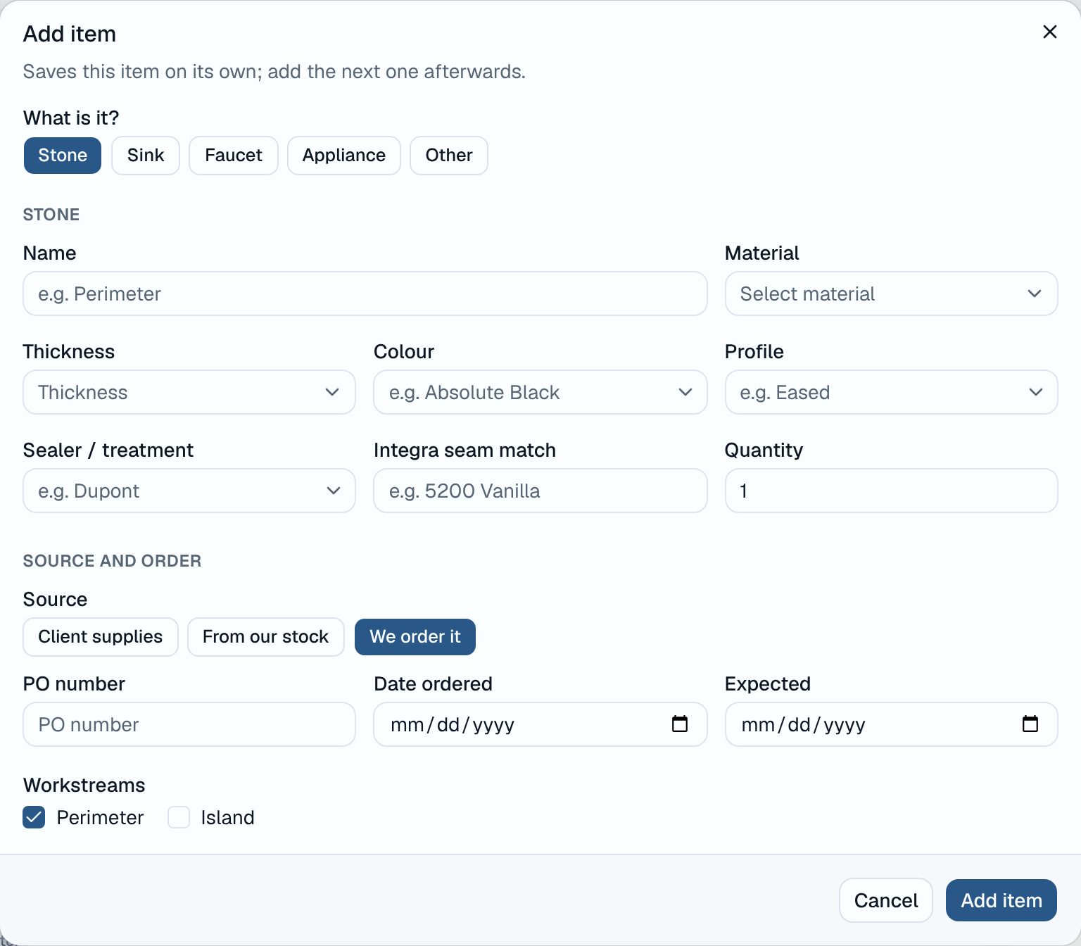 The Add item dialog for stone: material, thickness, colour, profile, sealer, seam match, and source with PO number and dates