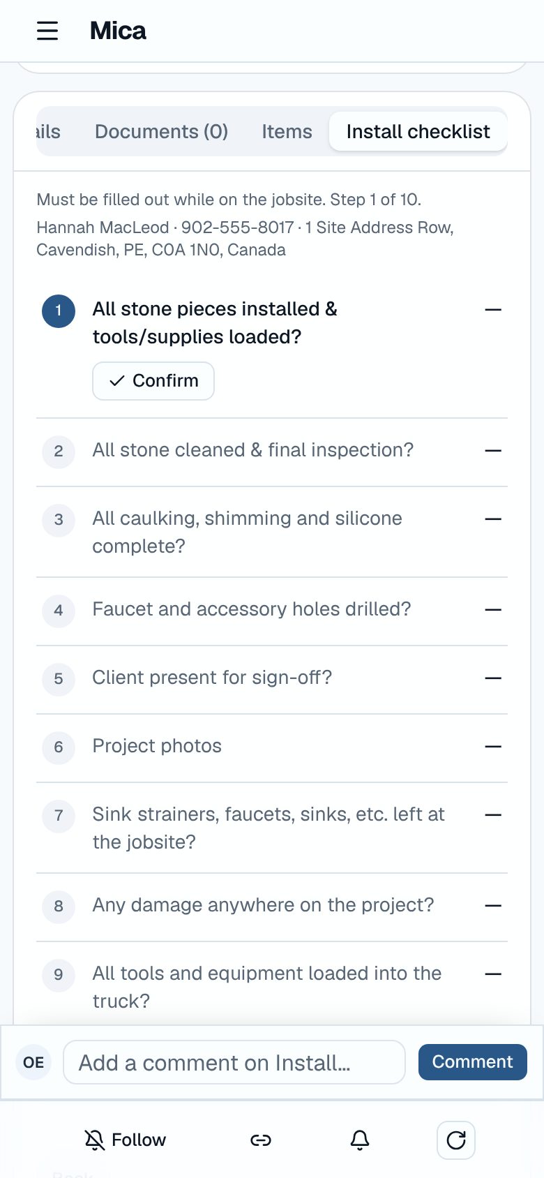 The install checklist on an installer's phone