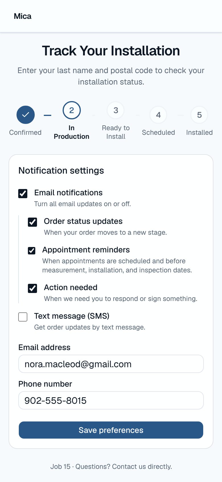 The customer tracking page on a phone, showing the job In Production